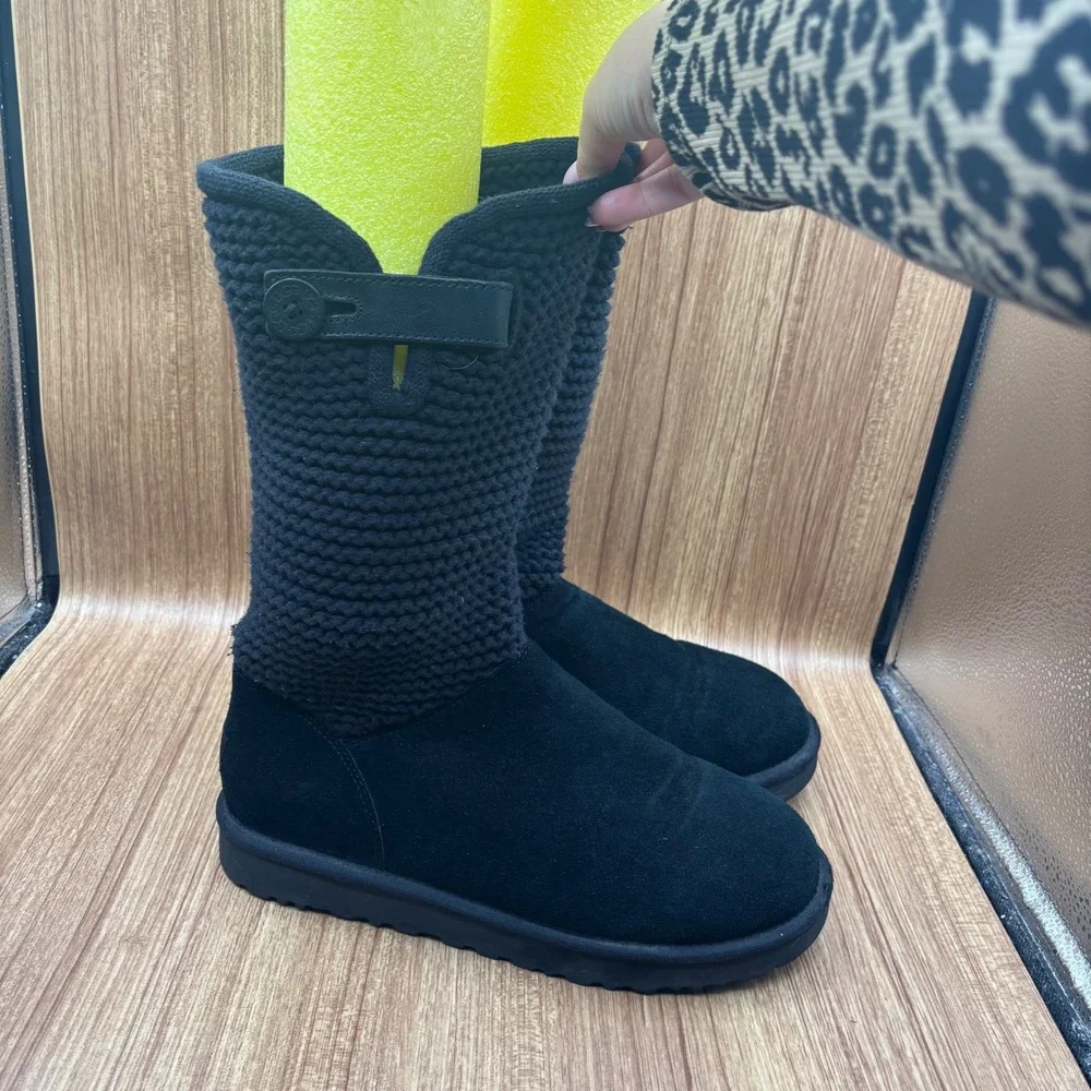 UGG Shaina Sweater Suede Boots Black Womens 11 Mid Calf Fold Down 1012534